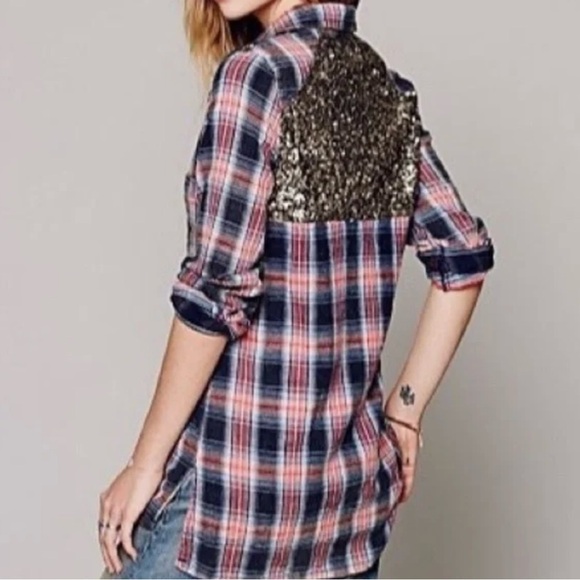 Free People Sequin Flannel Plaid Button Down Shirt XS - Picture 2 of 7